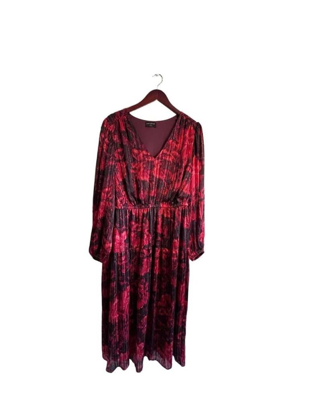 Lane Bryant Red Black Floral Foil Print Pleated Midi Dress Size 20